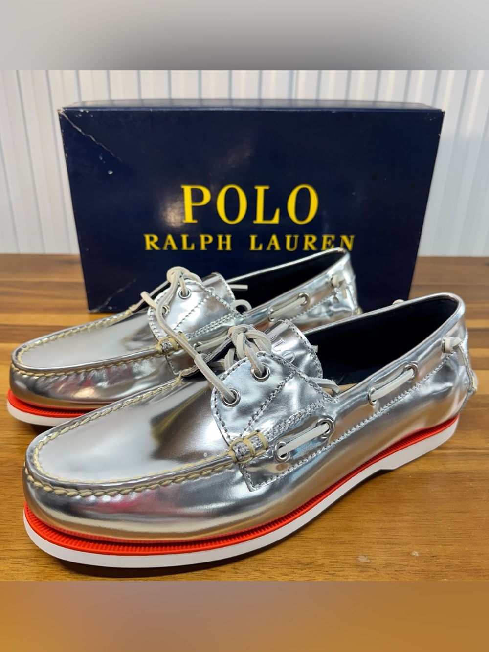 Polo by Ralph Lauren Men’s Silver Metallic Leather Merton Boat Shoes 9D NIB
